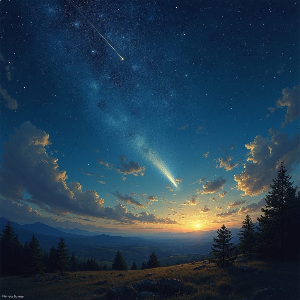Starry Night Sky Comet Impressionist Luminist Painting