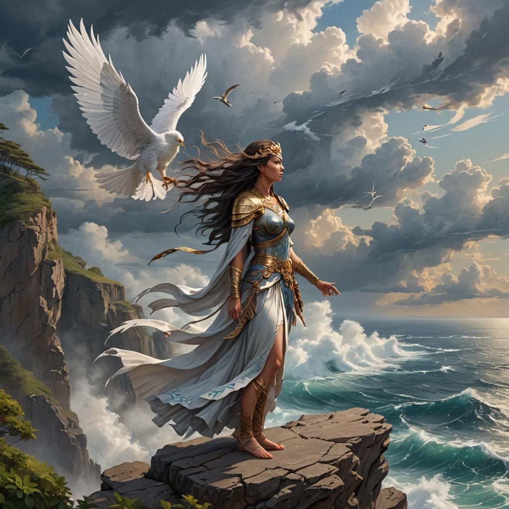 The warrior goddess of wind stands poised on a cliff's edge, surveying a vast ocean. Her expression is serene, yet her e...