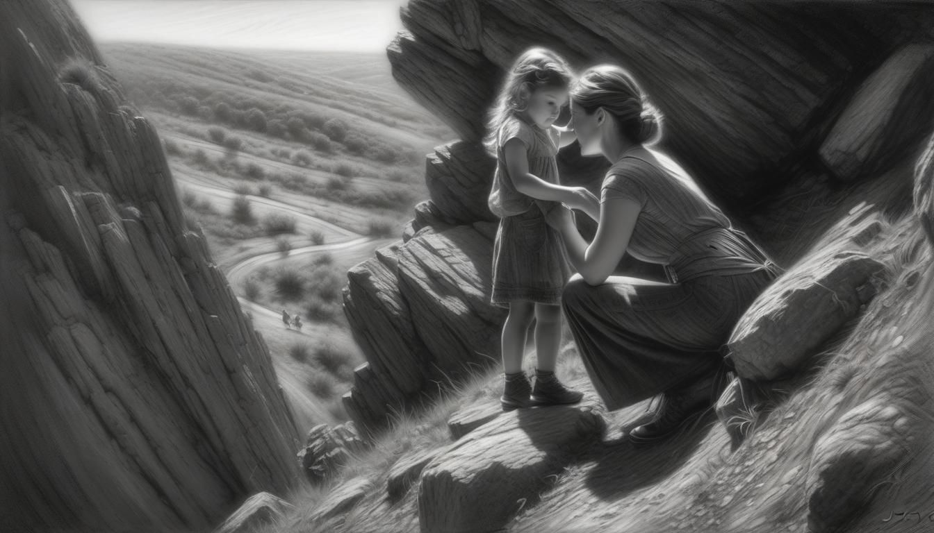 Mother and Daughter Climb Hill: Charcoal Portrait