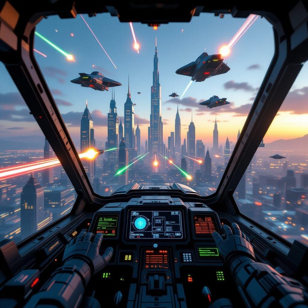 Battle-Mech Cockpit View in Retro-Futuristic City