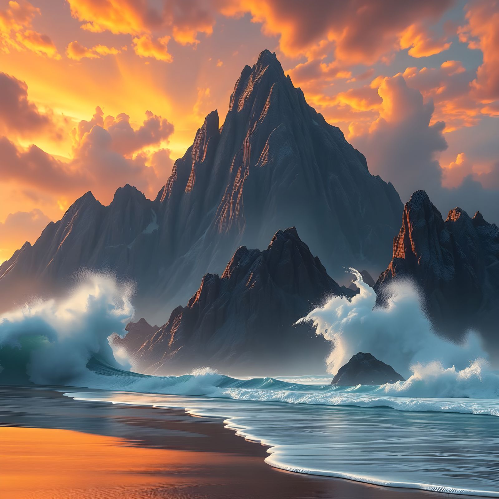 Hyperealistic Sunset on a Fantastical Mountain Shore