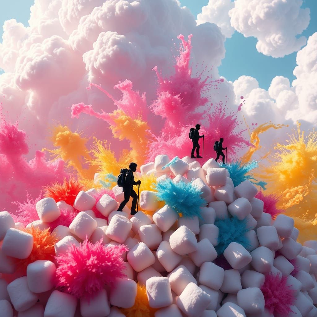 Marshmallow Hikers in a Candy Land Dreamscape