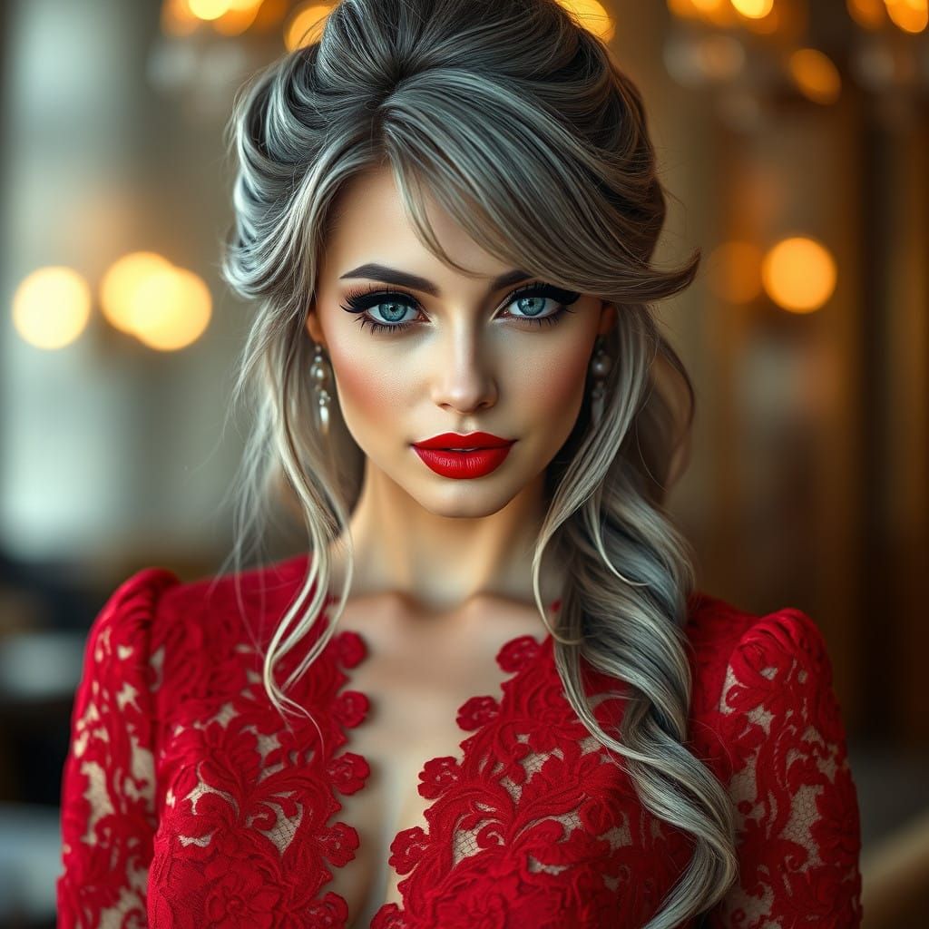 Sultry Slavic Woman in Luxurious Red and Grey