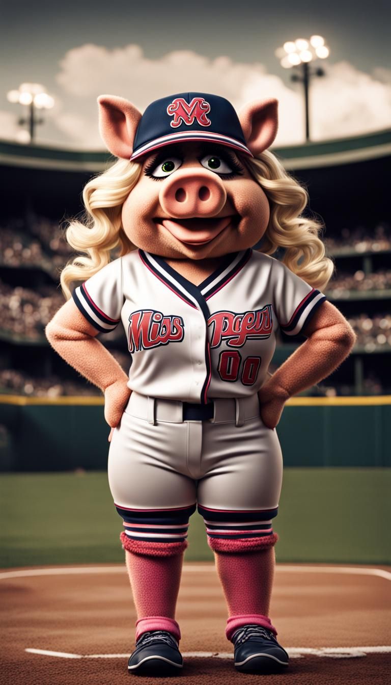 Hyperrealistic Miss Piggy in Softball Uniform