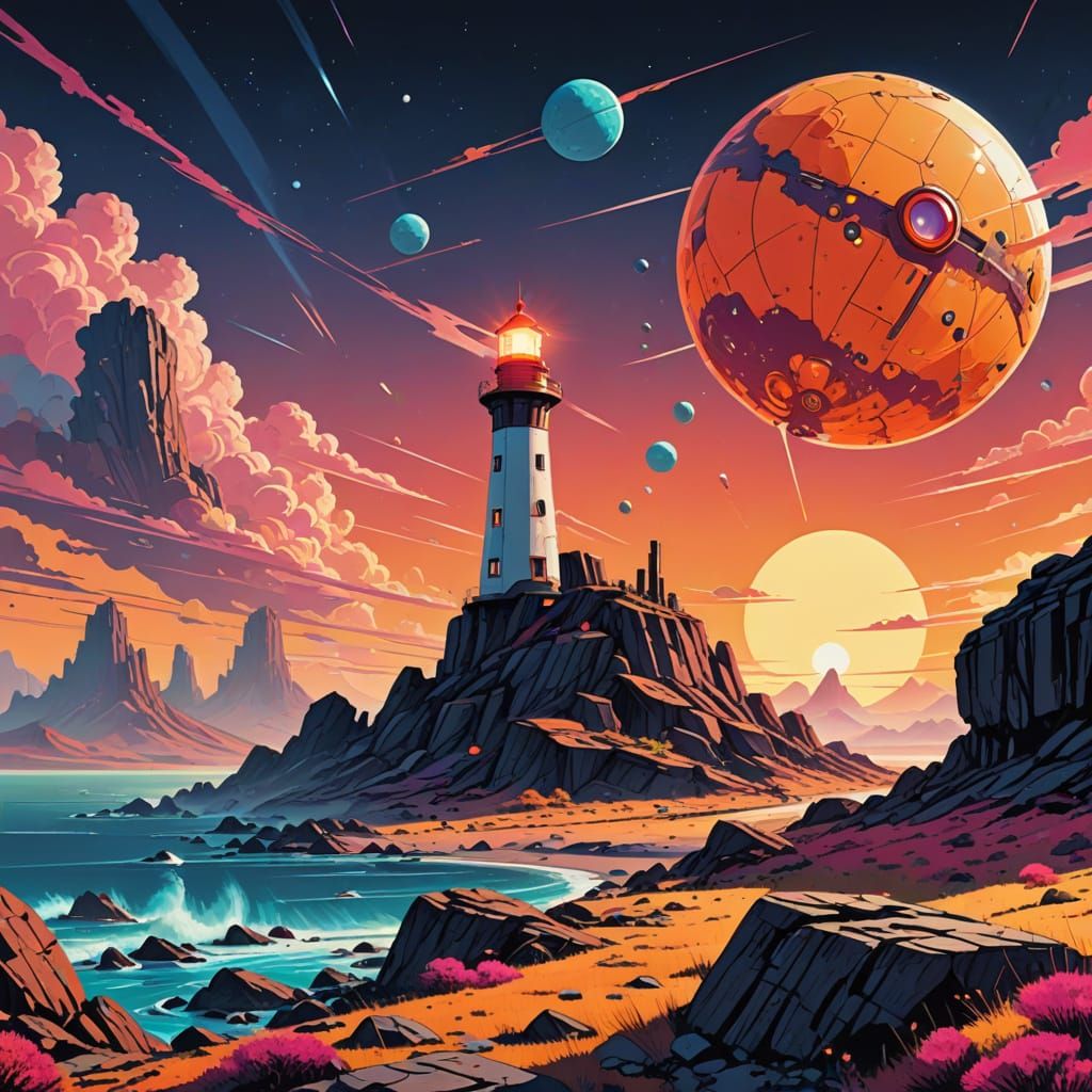 Futuristic Lighthouse on Alien Planet in Retro Style