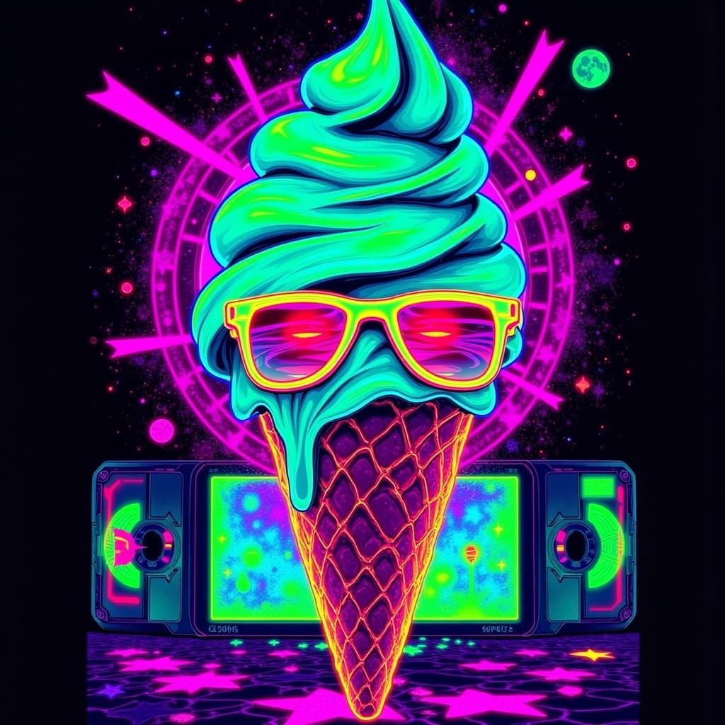 Synthwave Ice Cream Cone with Neon Sunglasses