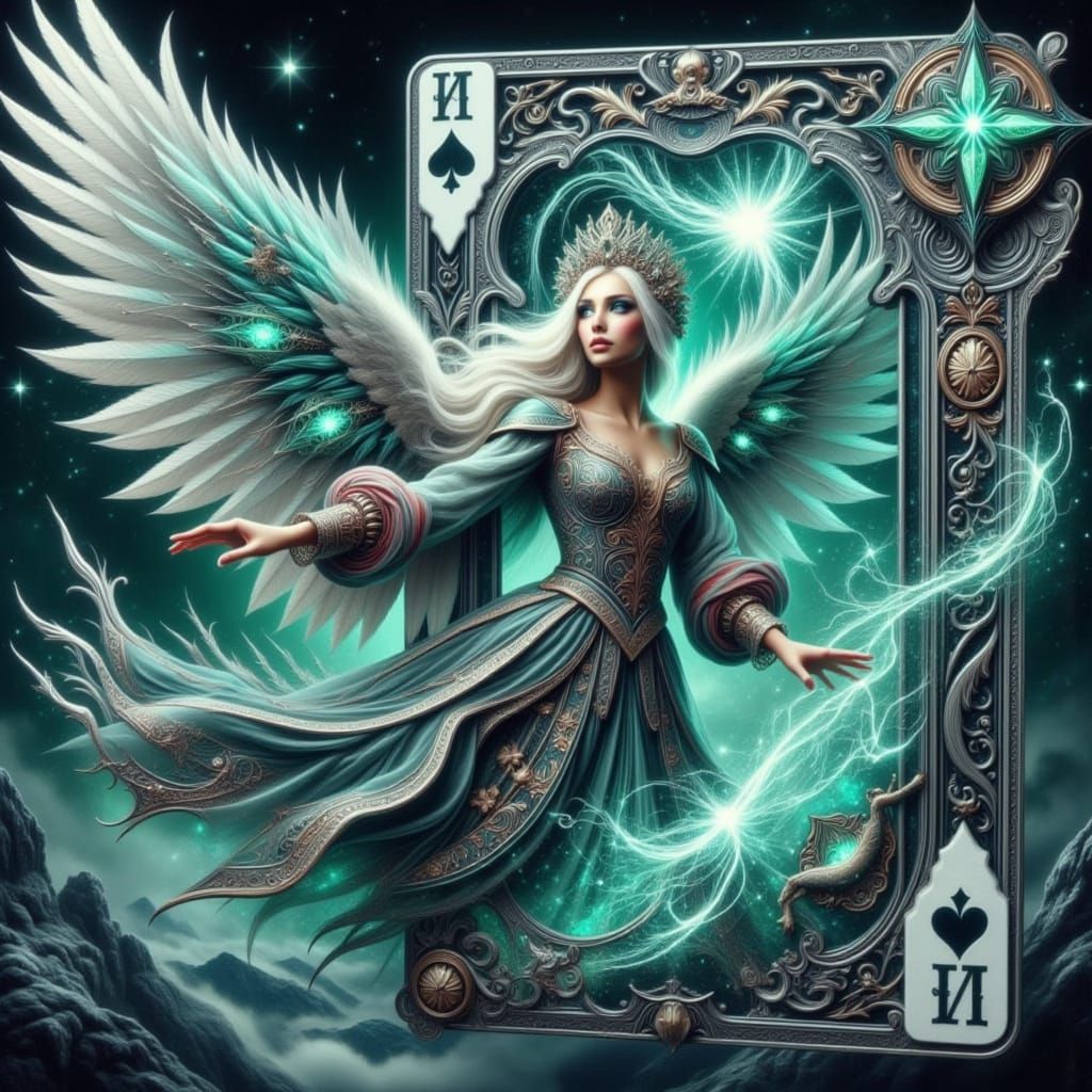 Majestic Angel Emerges from Futuristic Playing Card in Mysti...