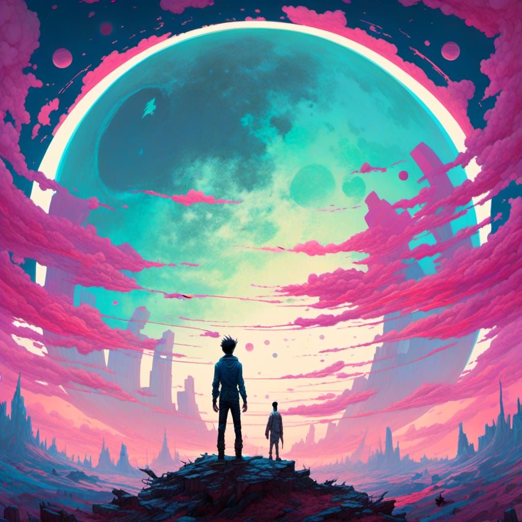 Man Before Giant Moon, Fantasy Digital Art