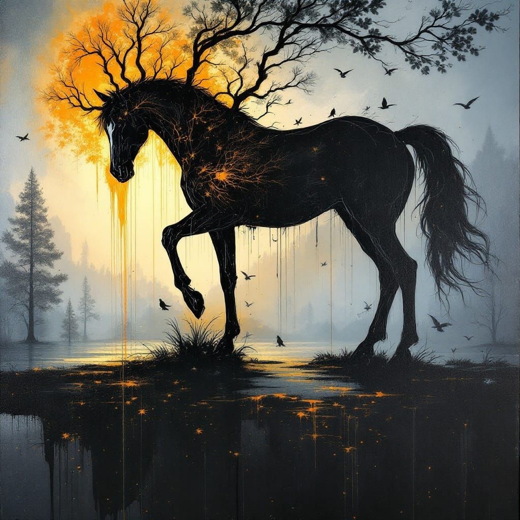 Surreal Black Horse Emerges from Canvas in Translucent Paint