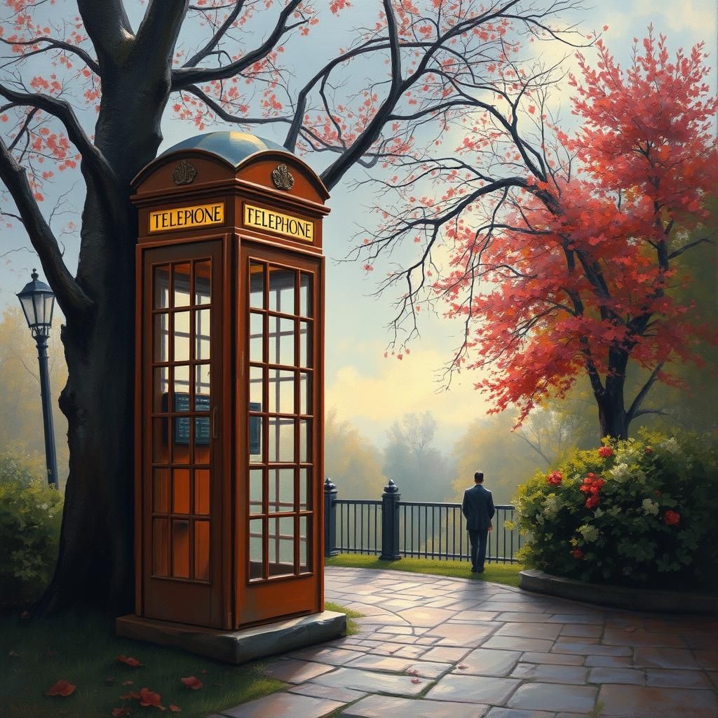 Vintage Phone Booth in Park, Painterly Style