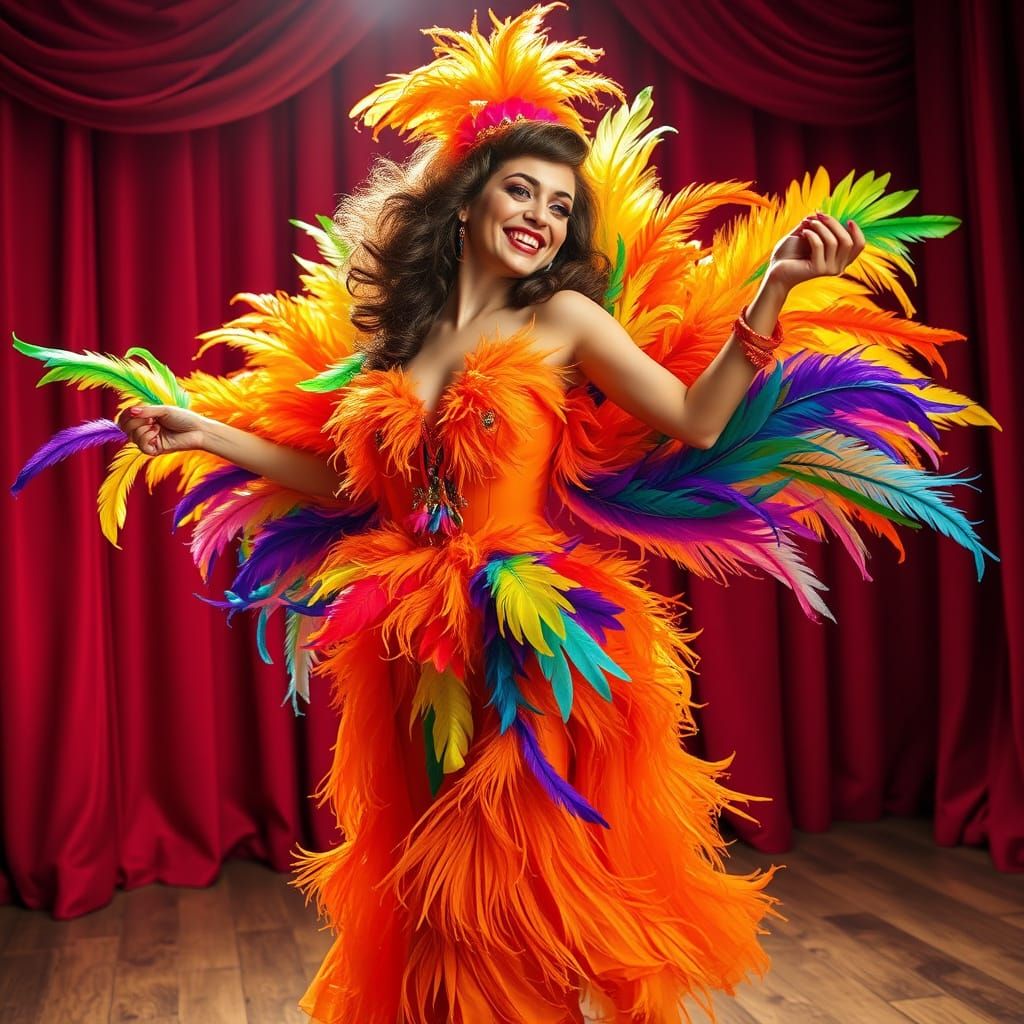 Woman in Feathered Dress Dancing on Stage, Splash Art