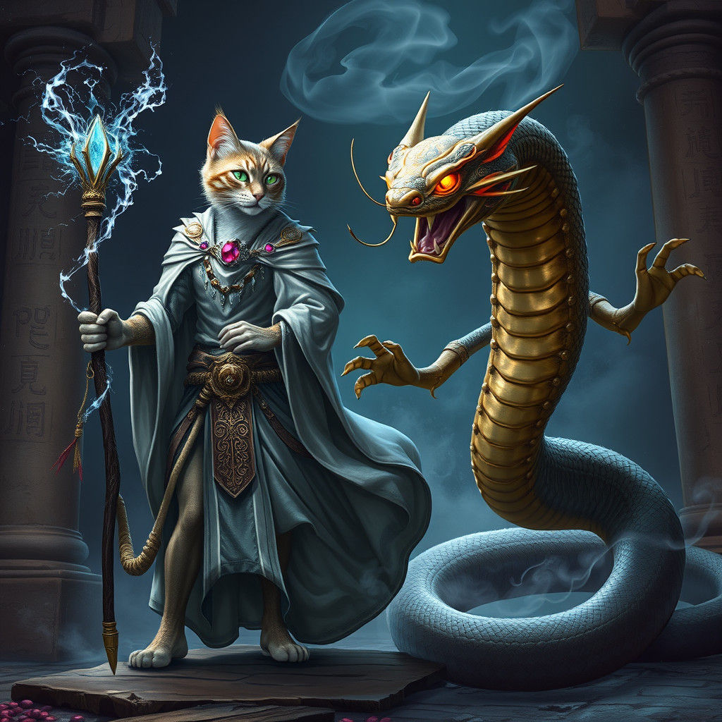Mystical Cat Sorcerer and Cobra Warrior Clash
