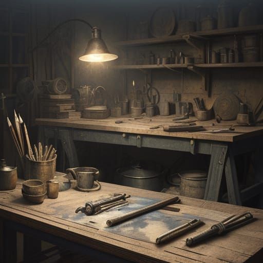 Hyperrealistic Mechanical Pencil in Dimly Lit Workshop