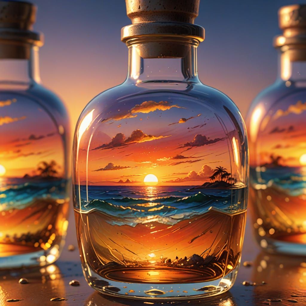 Vibrant Sunset Scene in a Bottle, Created in Oil Painting St...
