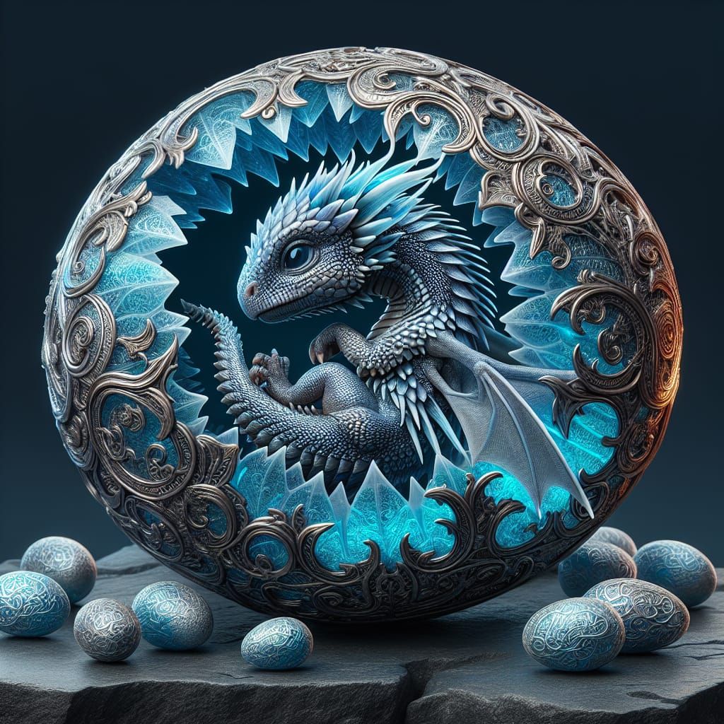 Metallic Blue Dragon Hatching from Filigree Egg