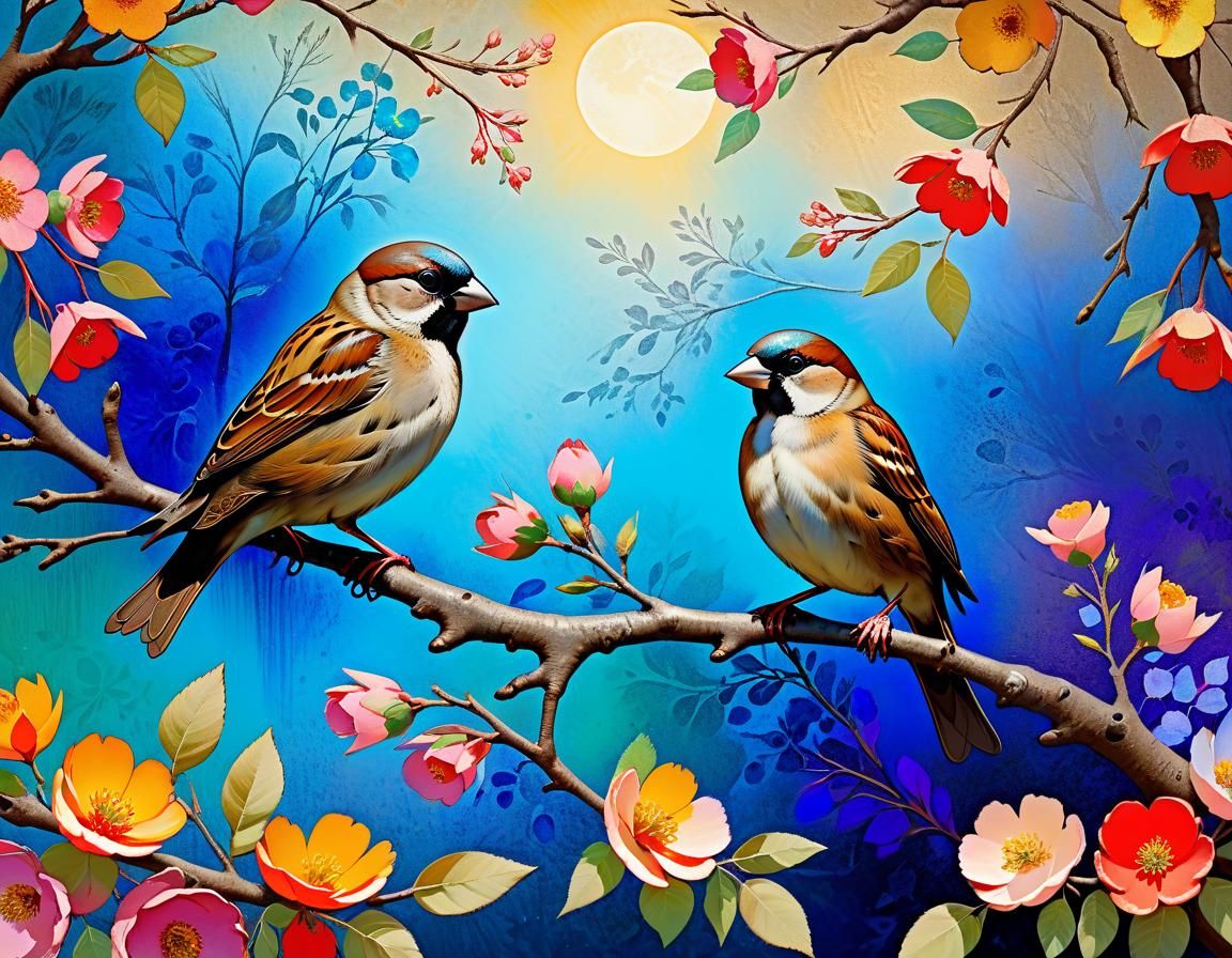 Sparrows in Fantasy Floral Landscape: Detailed Painting