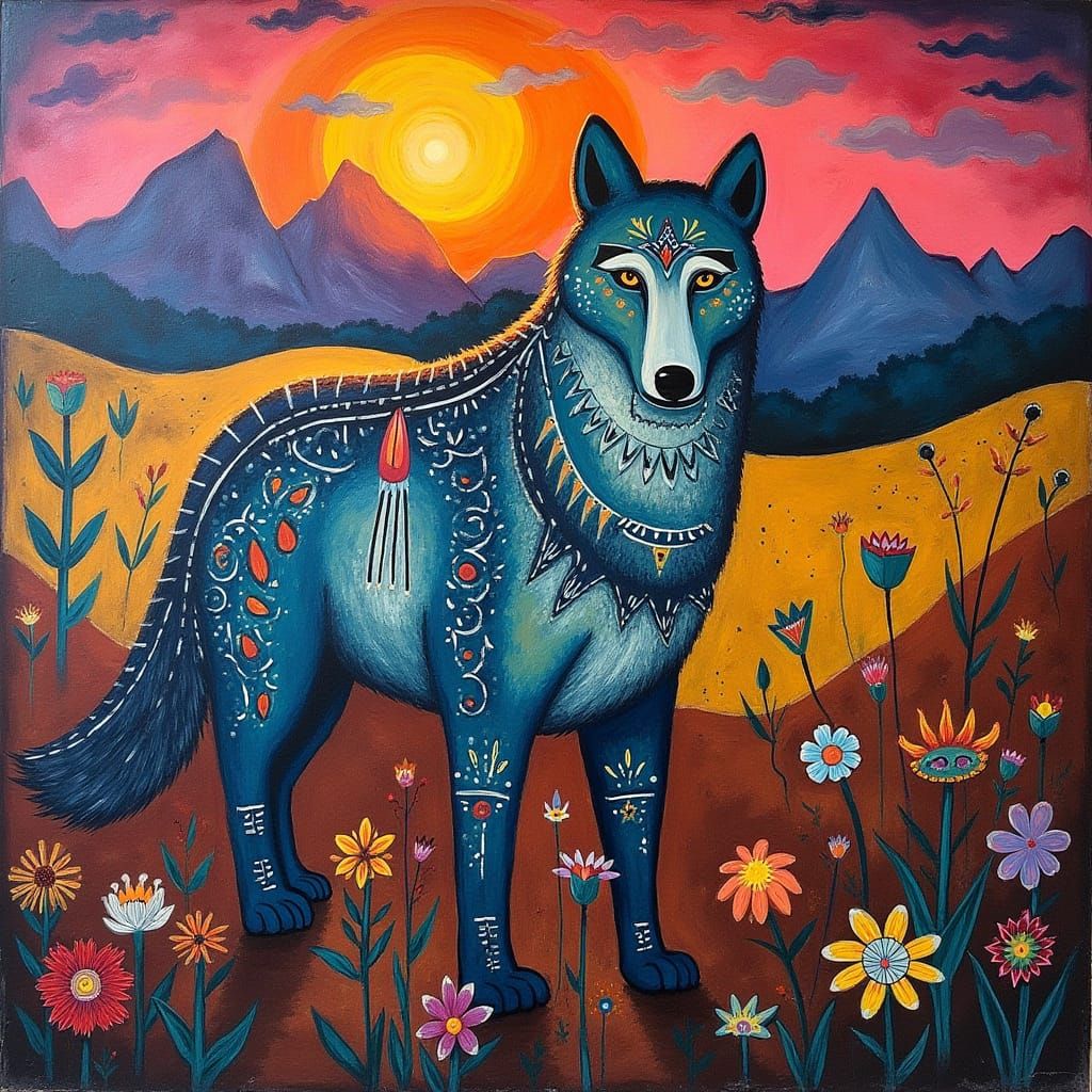 Cave Painting Style Mural with Tribal Wolf and Geometric Mou...