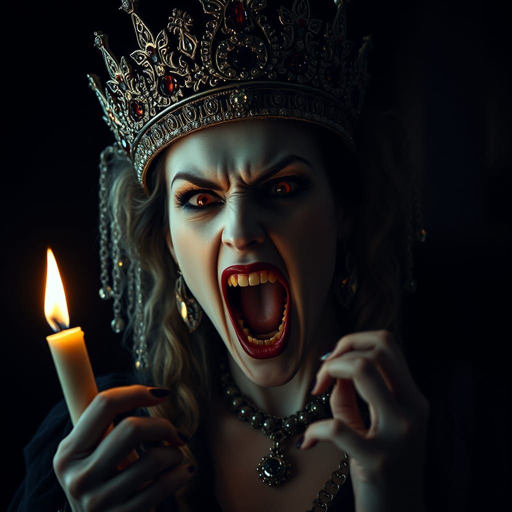 Ethereal Vampire Queen Screams in Rage, Candlelit in Dark Ma...