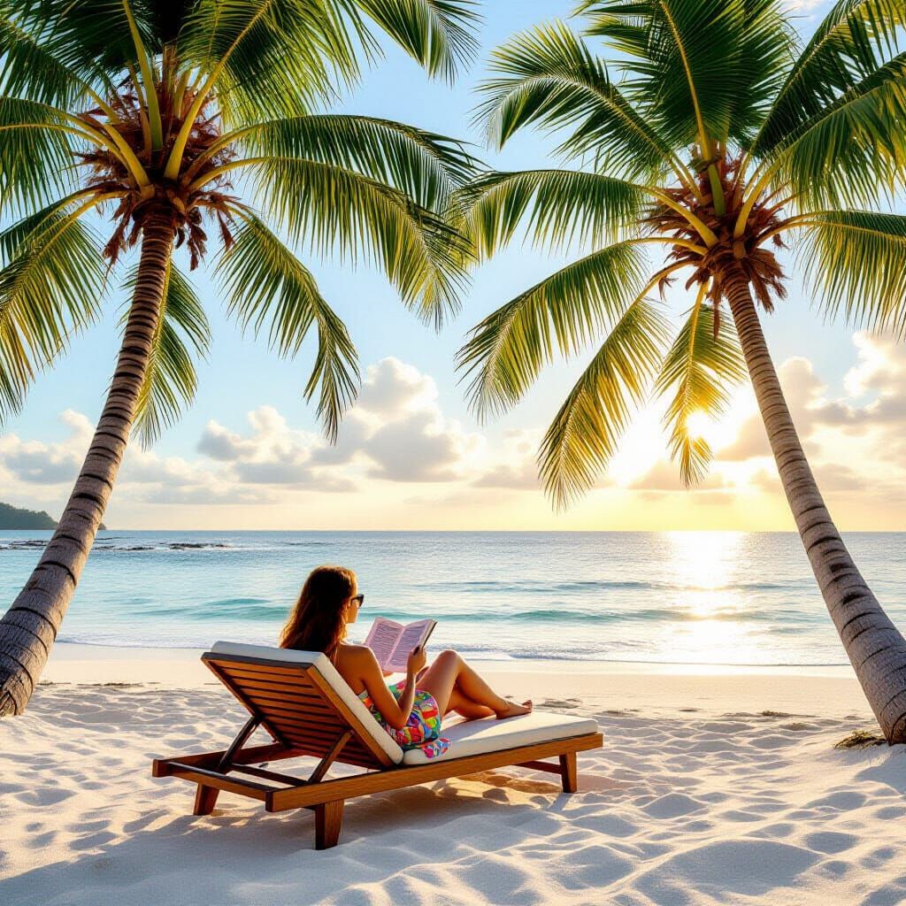 Woman Reading on Beach Lounger Under Palm Trees in Golden Li...
