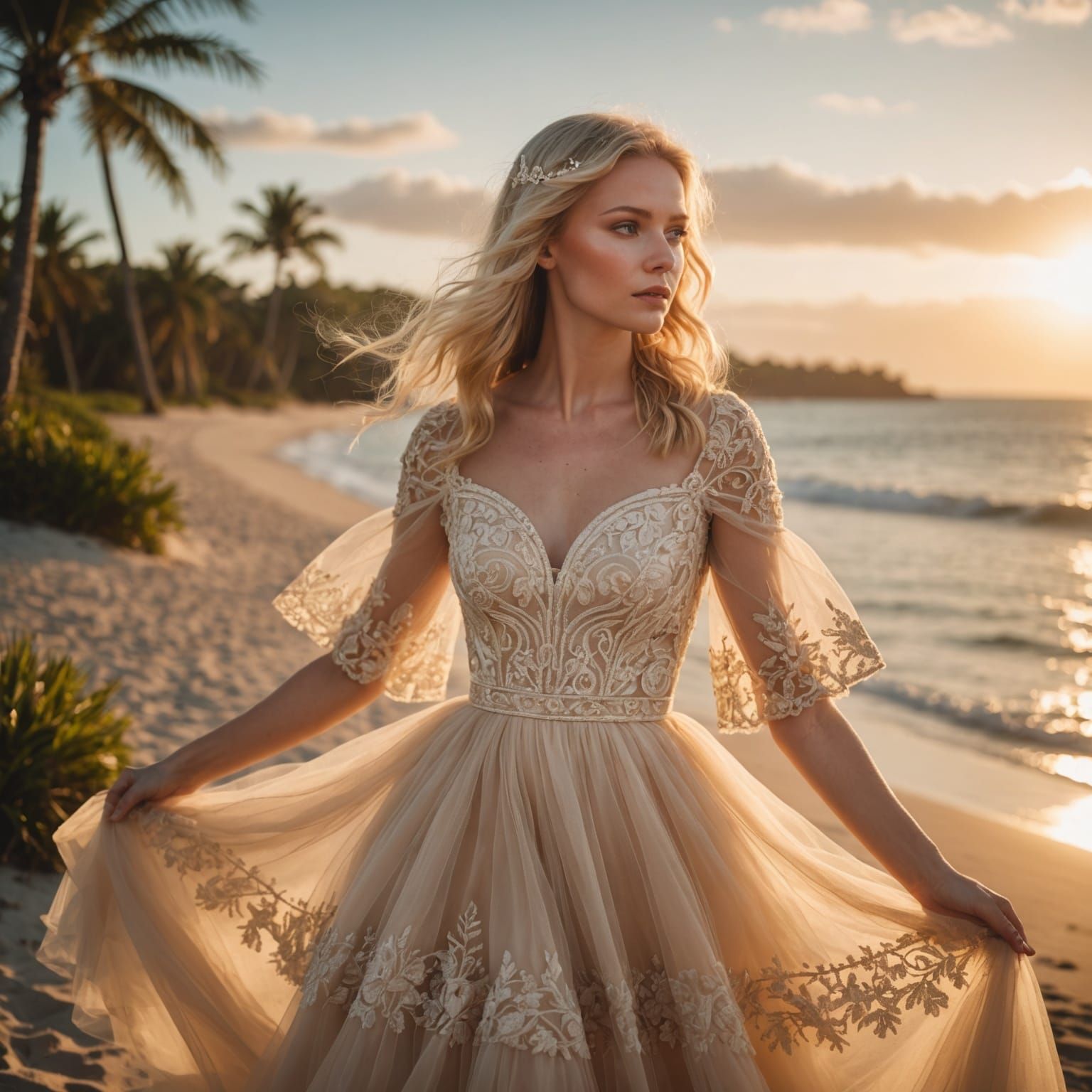 Tulle Summer Dress on Palm Beach at Sunset