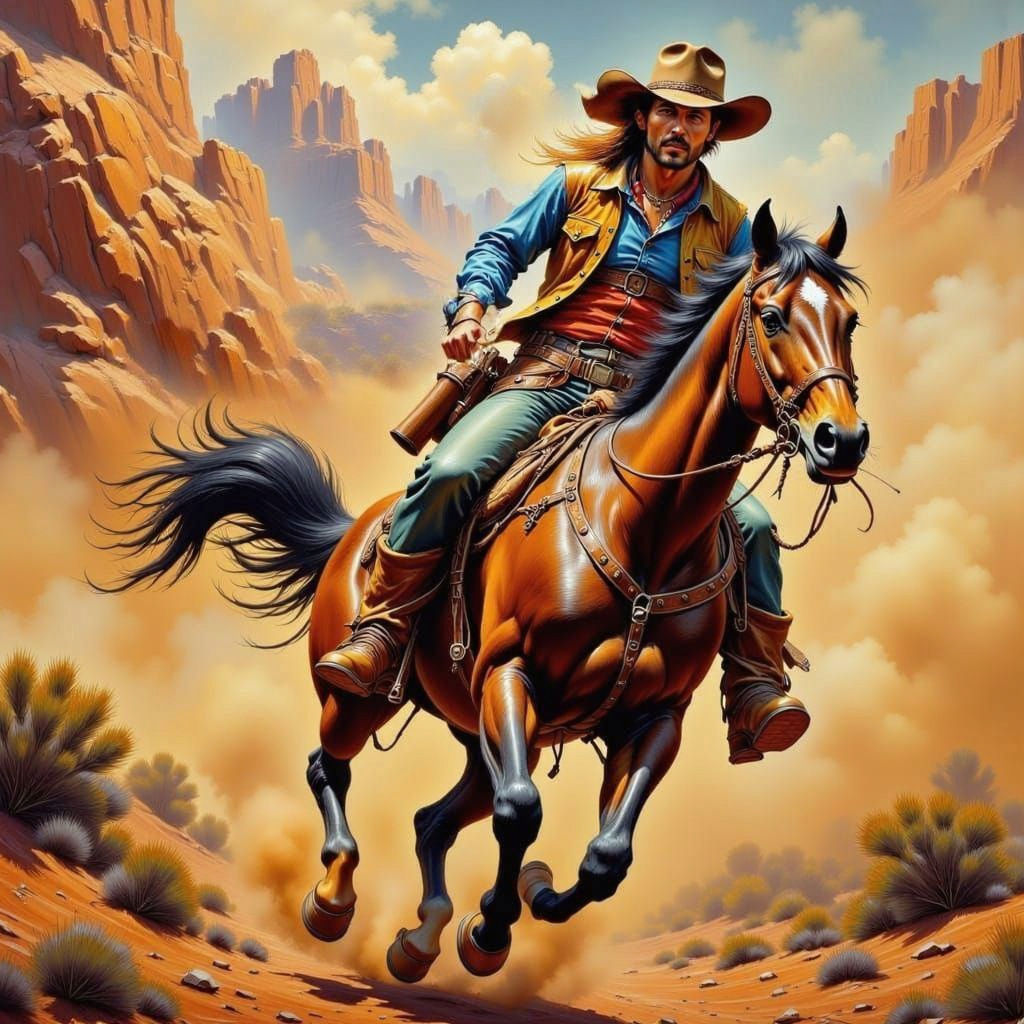 A Cowboy in a Desperate Ride Through the Wild West in Impast...