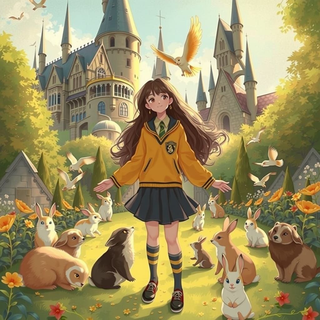 Hufflepuff Student Surrounded by Animals in Anime Style