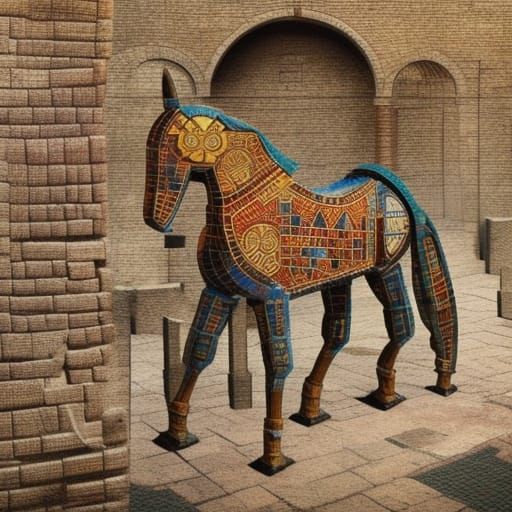 Mosaic Trojan Horse Towers Over Ancient City