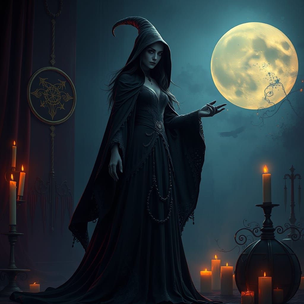 Mysterious Gothic Witch in Dark Fantasy Landscape