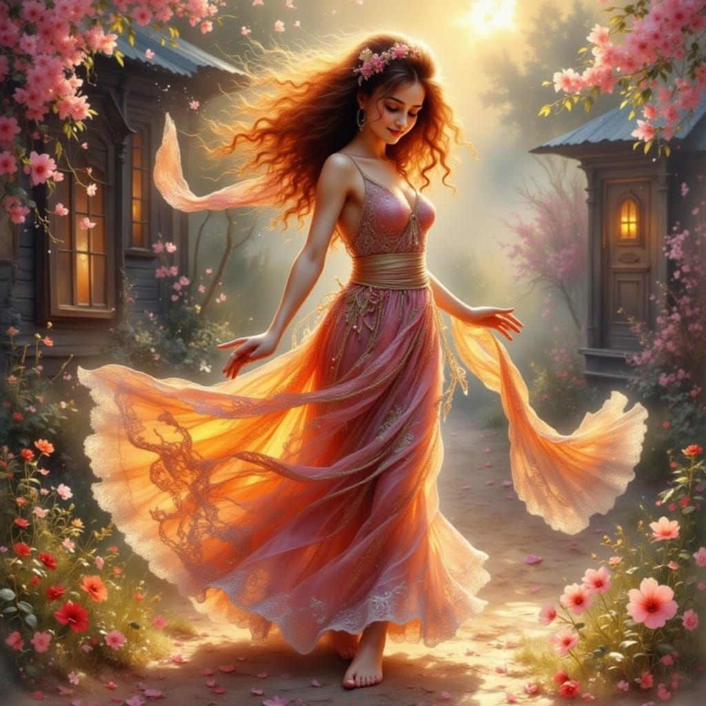 Gypsy Dancer in Vibrant Fabrics, Anime Style