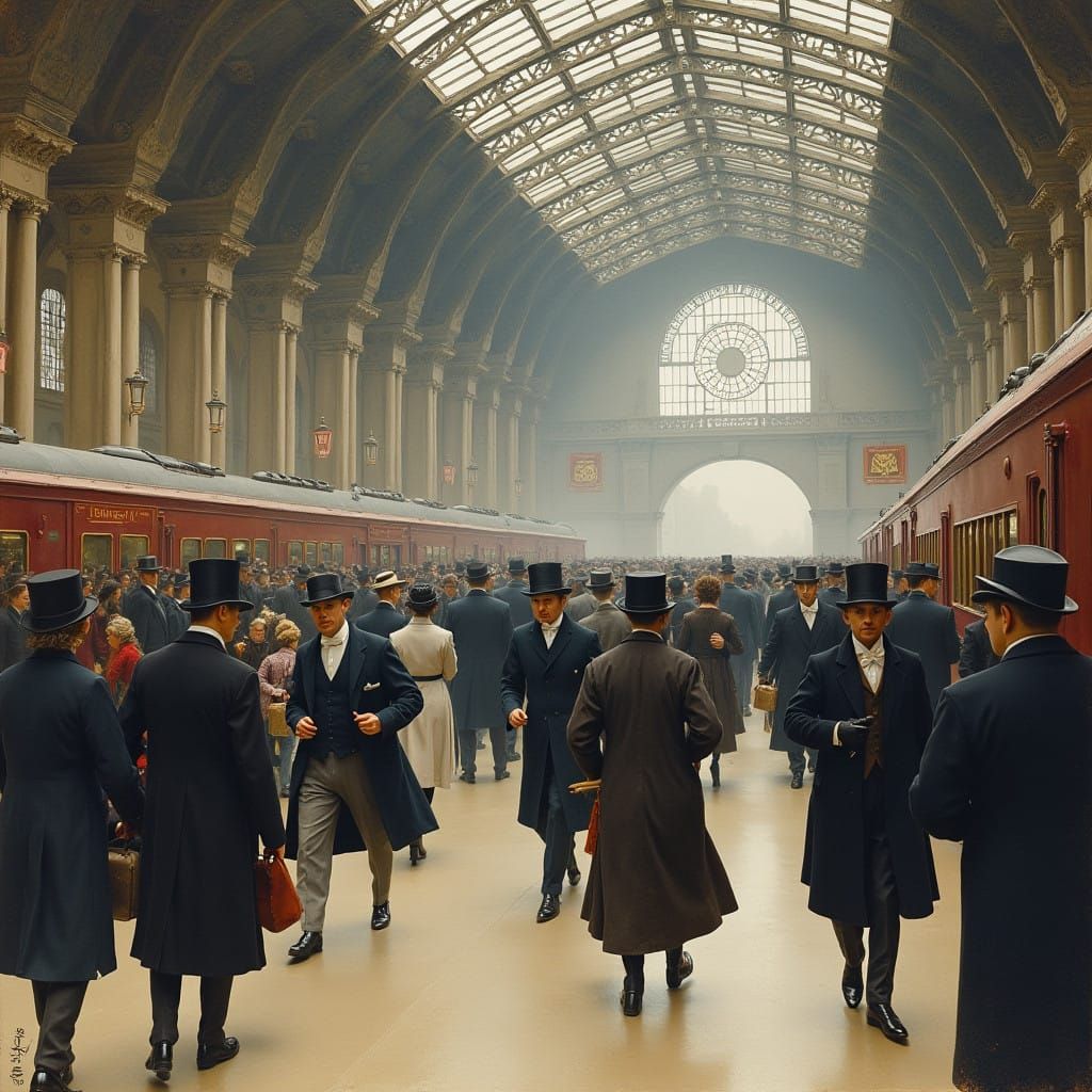Bustling London Train Station in Impressionist Style