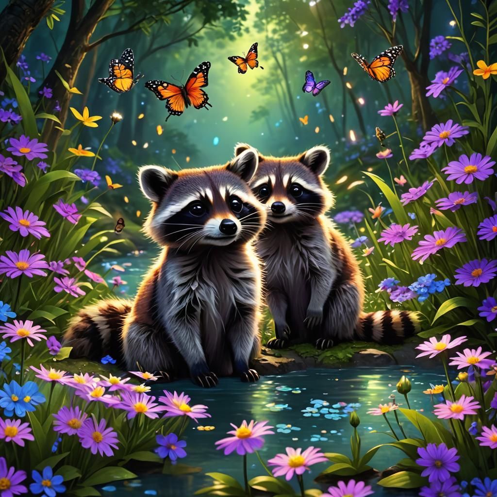 Raccoon-Butterfly Love in a Fantasy Forest