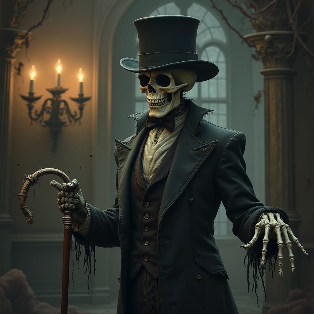 Skeletal Dandy in Gothic Parlour