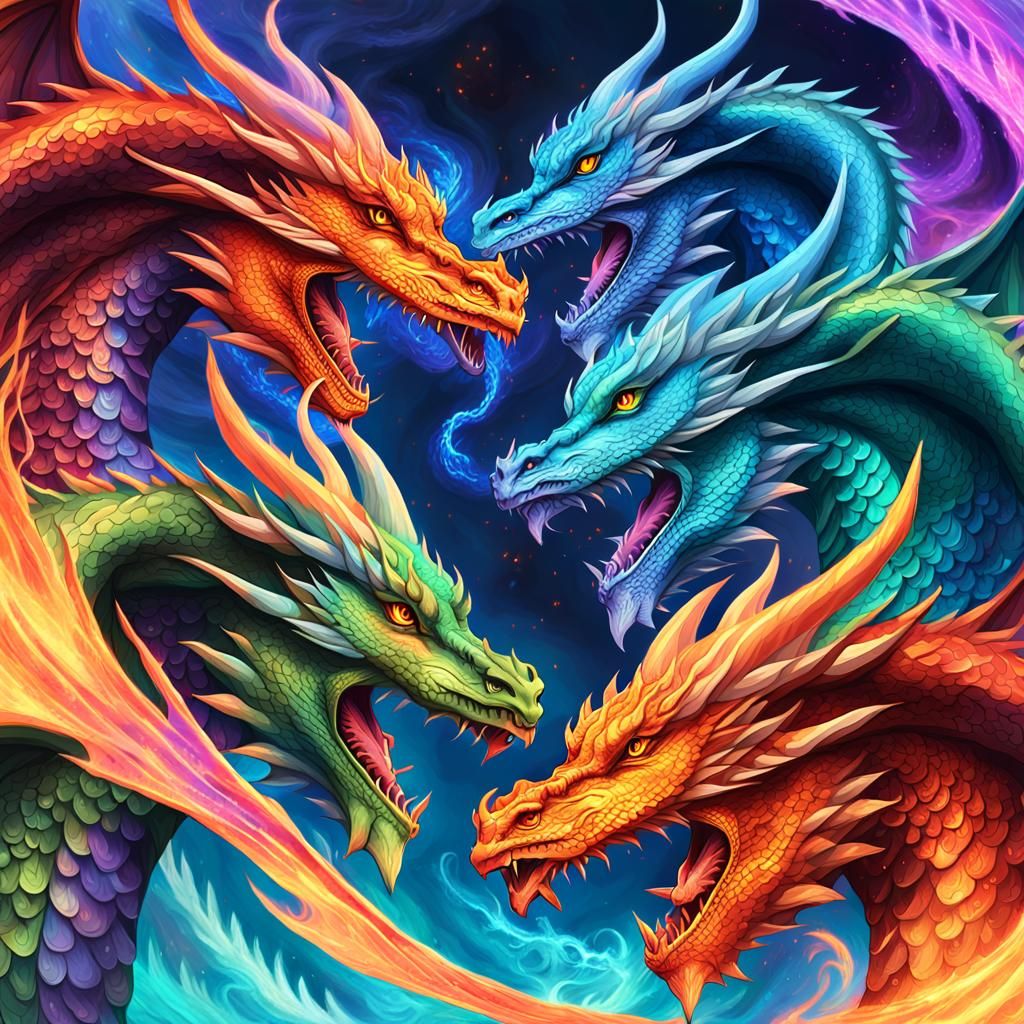 Elemental Dragons Entwined in Vortex: Concept Art