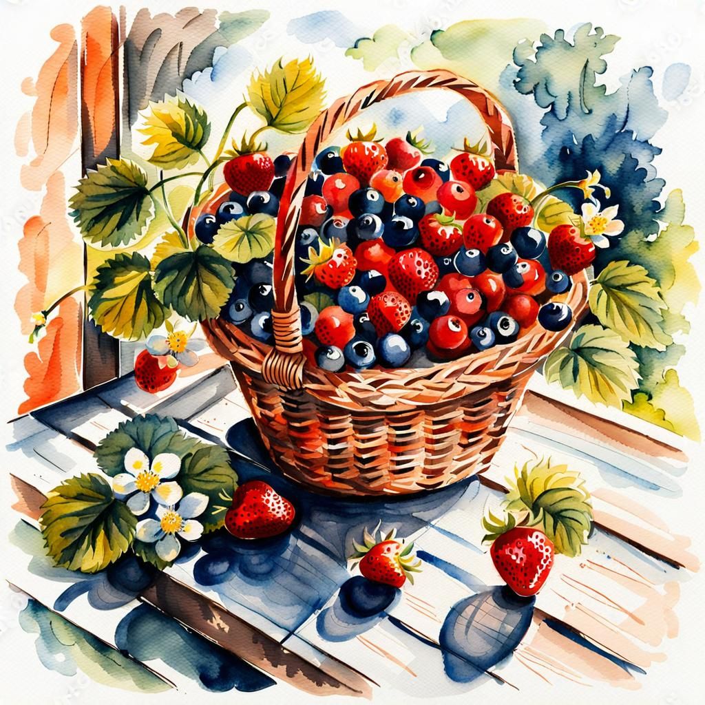 Strawberry Basket Watercolor on Sunny Veranda