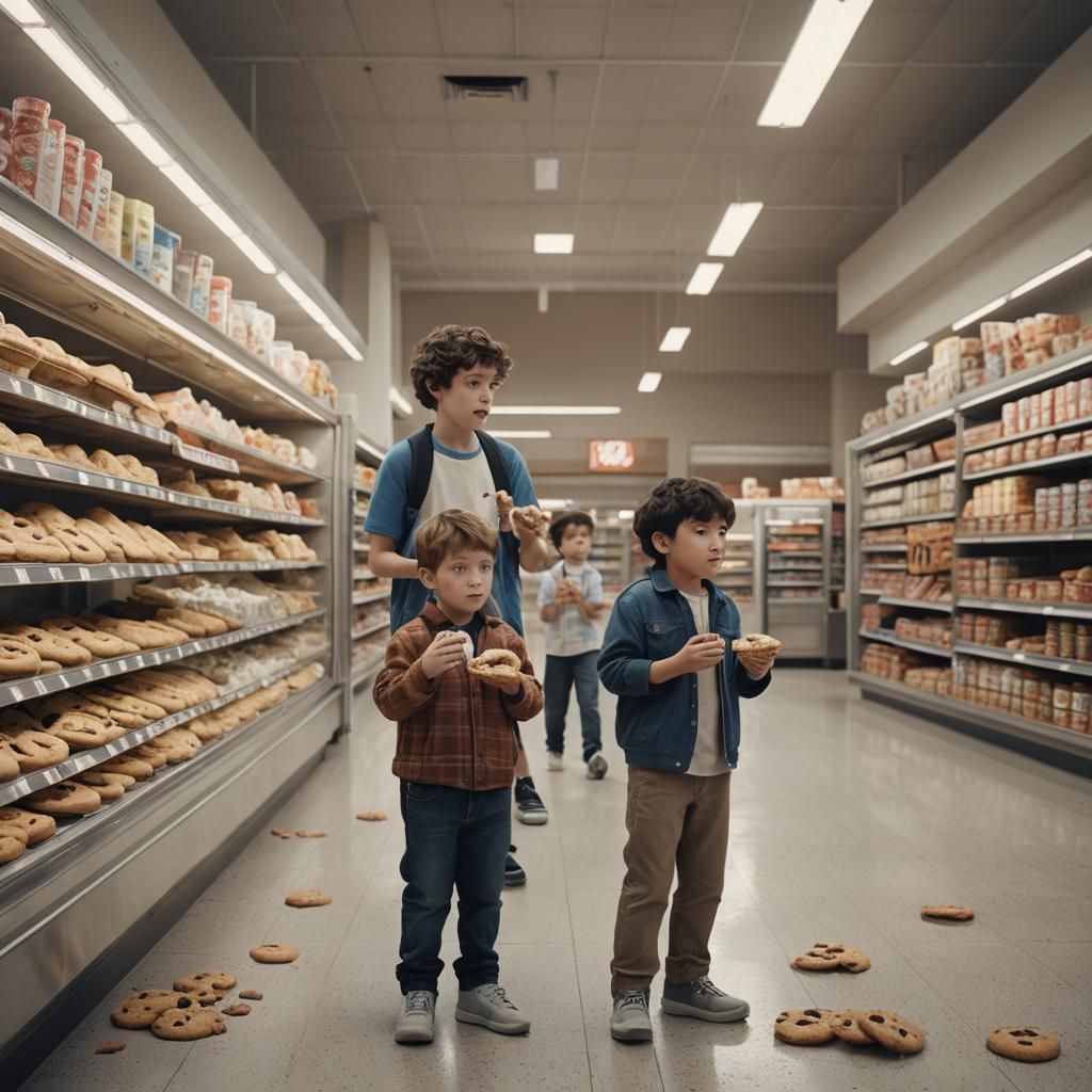 Hyperrealistic Boys Feast in Vacant Store
