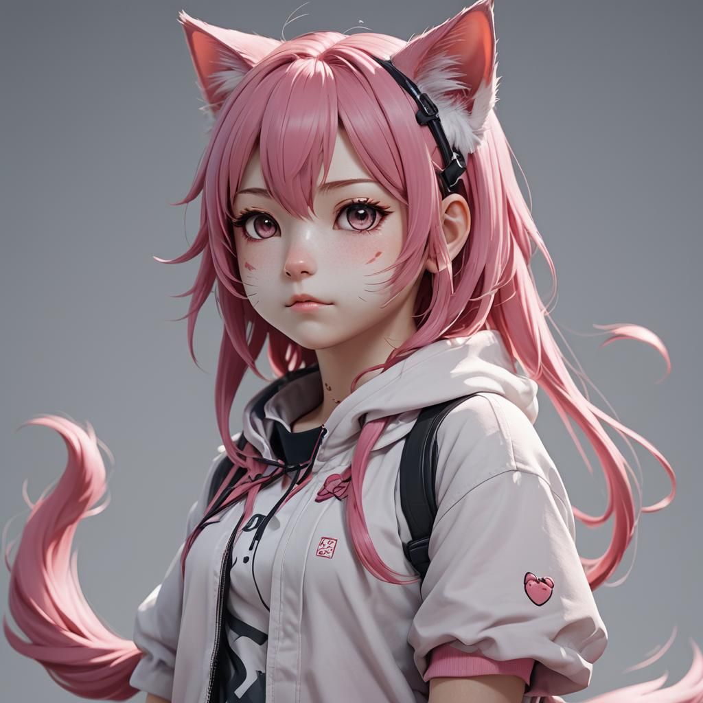 Pink-Haired Neko: 3D Anime Art