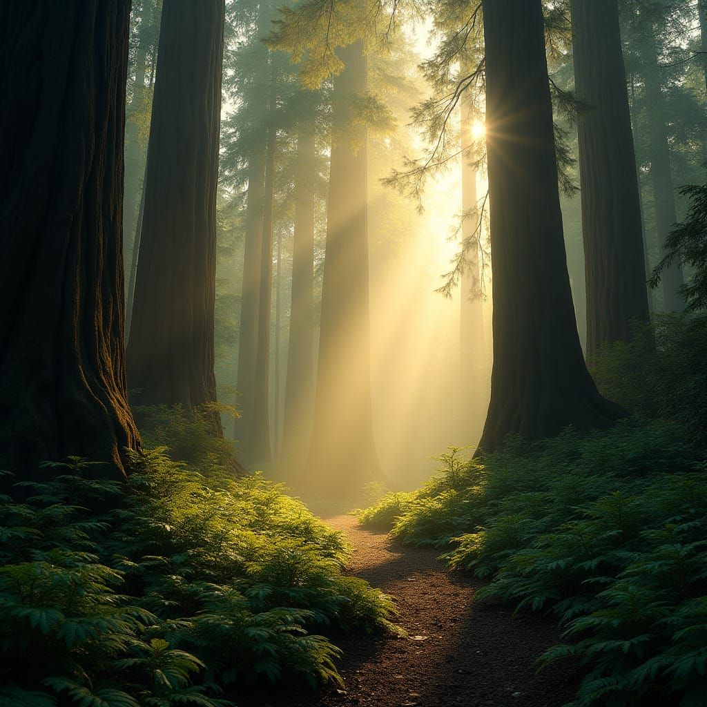 Majestic Redwood Forest at Dawn in Ethereal Light