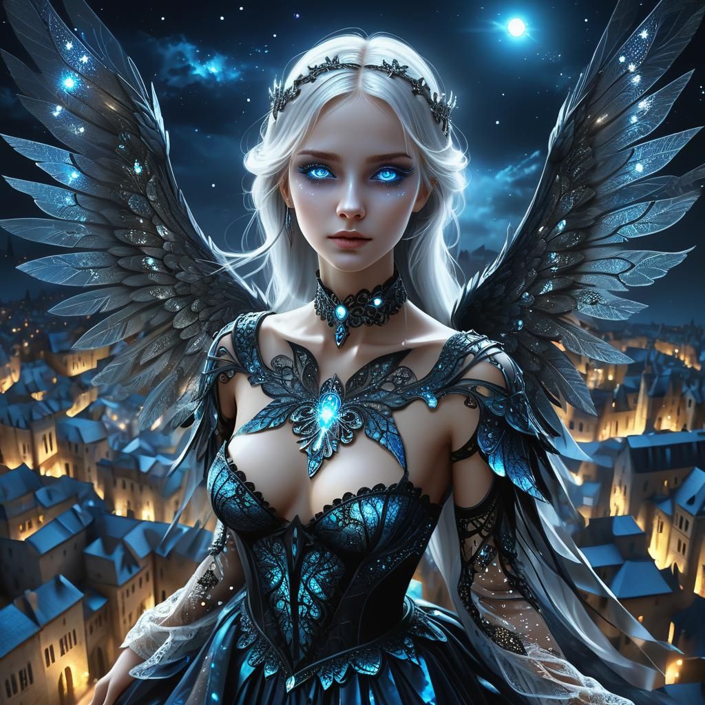 Dark Fantasy Angel Flying Over Medieval City