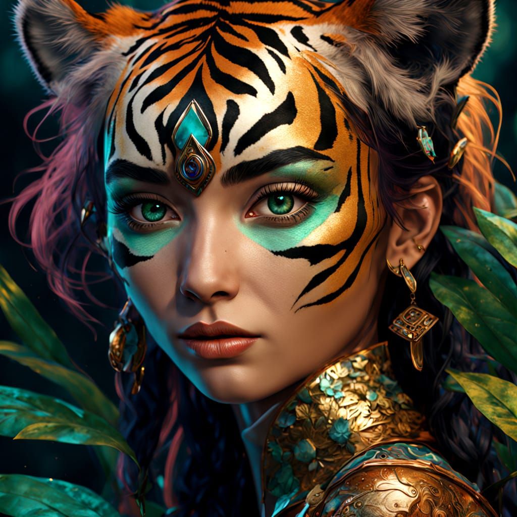 Klimt Tigress Warrior with Gothic Jewels and Jungle Whispers