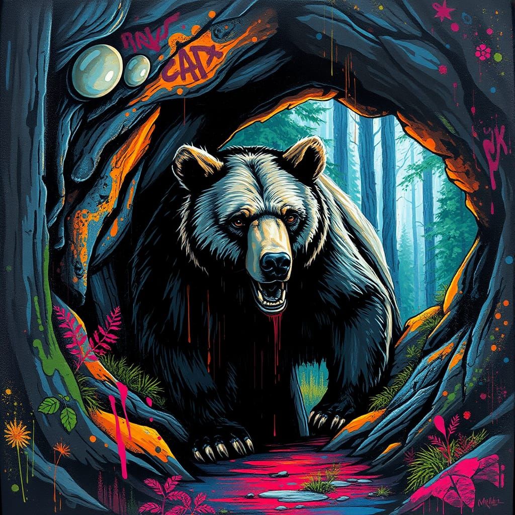 Bear Emerging from Cave in Graffiti Art Style