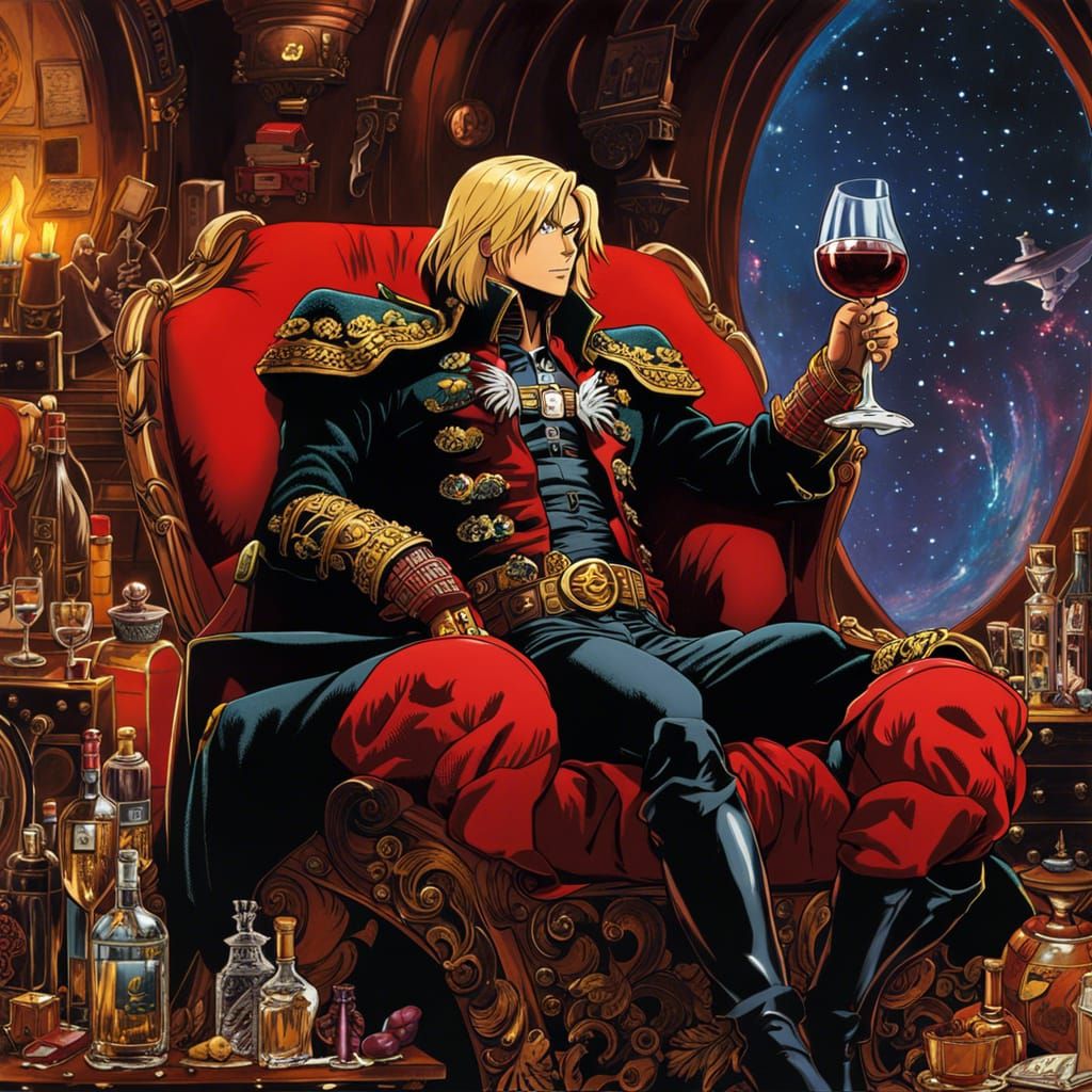 Space pirate captain Harlock drinking red wine on the captain chair of the Arcadia