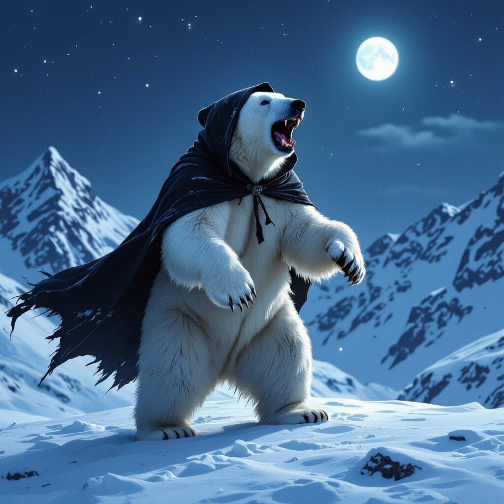 Polar Bear in Hooded Cloak Roaring Under Moonlight