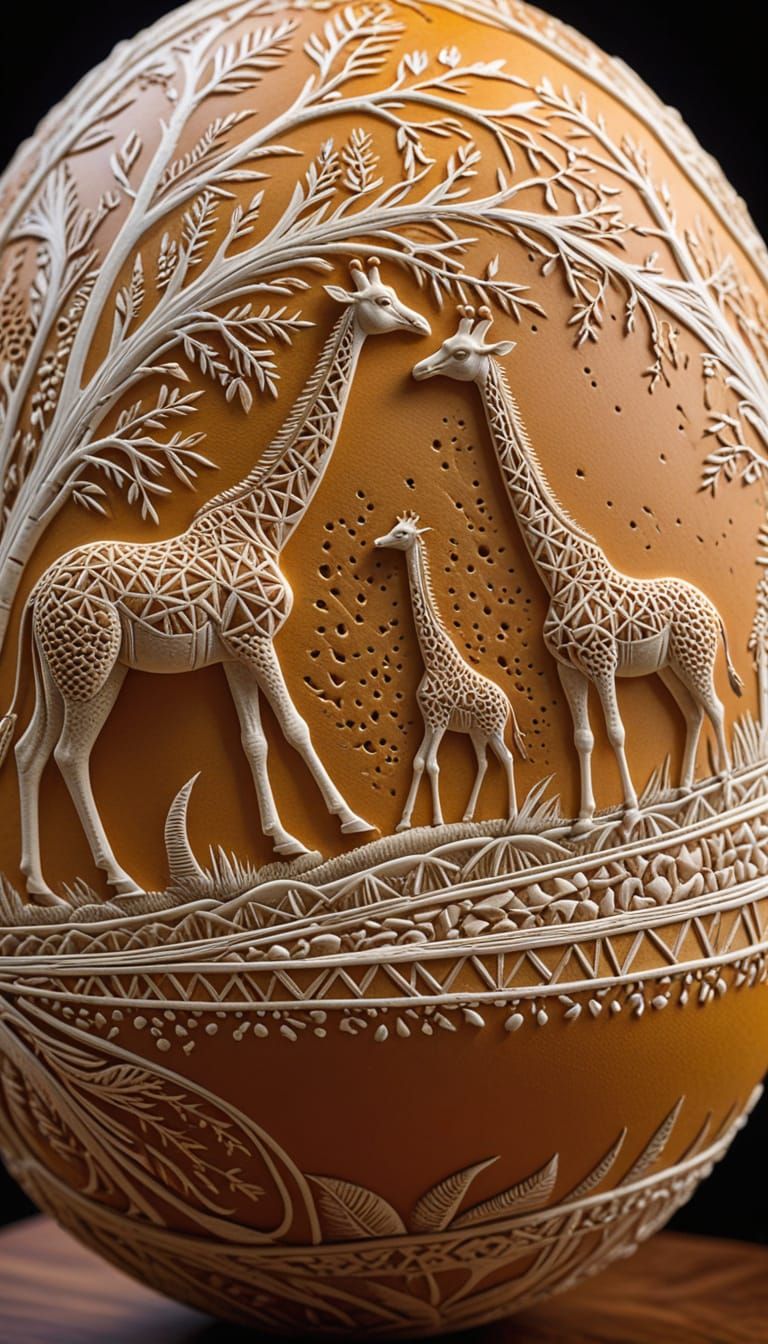Intricately Carved Ostrich Egg in Warm Golden Colors