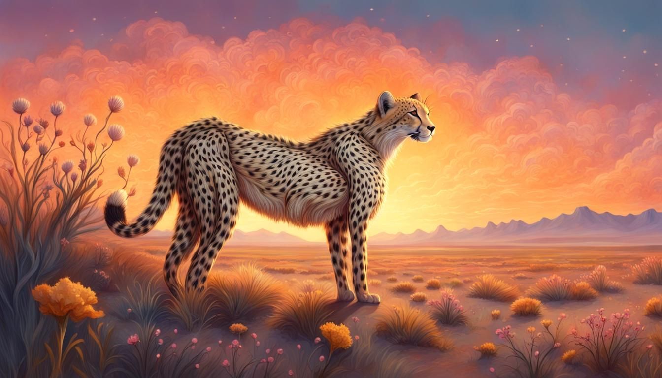 Fantasy Cheetah in Sunrise Desert Steppe Painting