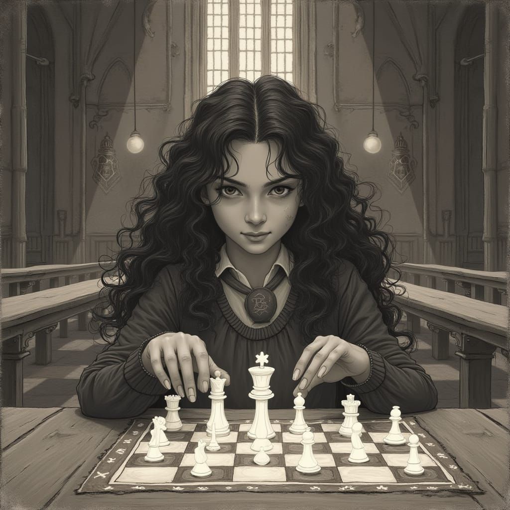 Elegant Slytherin Girl Plays Chess Under Moonlit Hogwarts