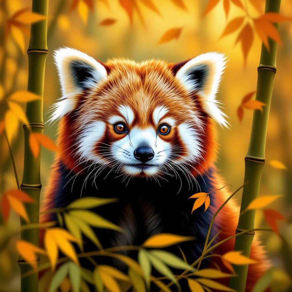 A fluffy red panda, its fur a rich auburn, peeks curiously f...