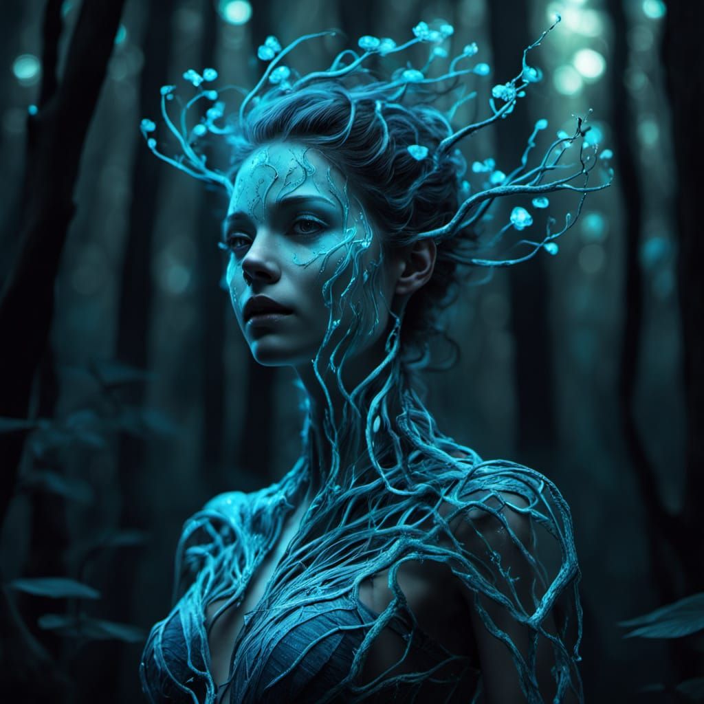 Bioluminescent Dryad in Mystical Forest, Fantasy Portrait