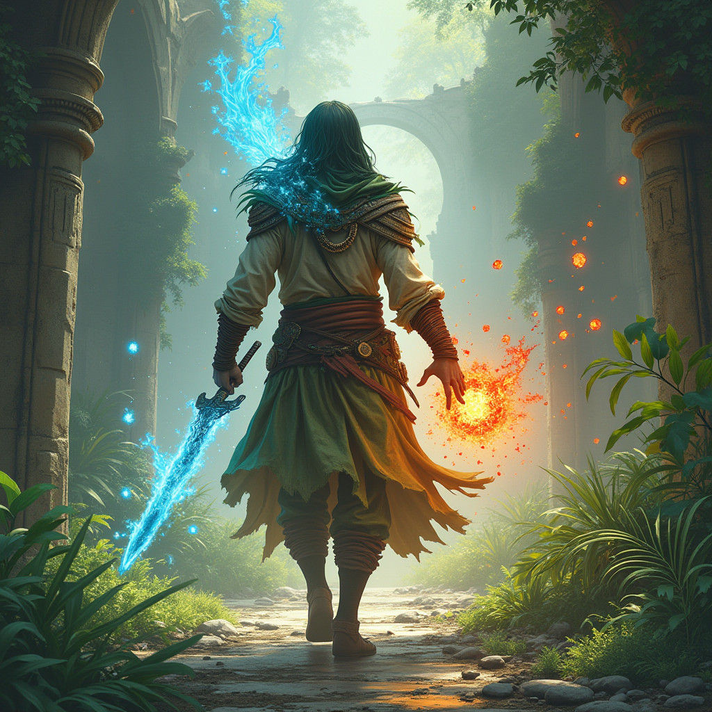 Mystical Elemental Warrior in Ancient Ruins