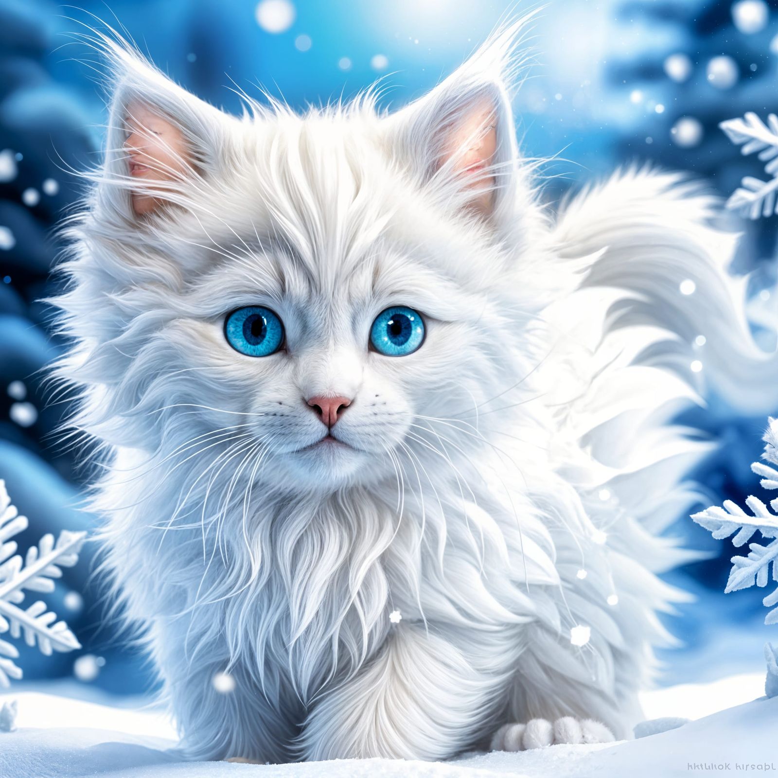 Adorable White Kitten Playing in Winter Snow
