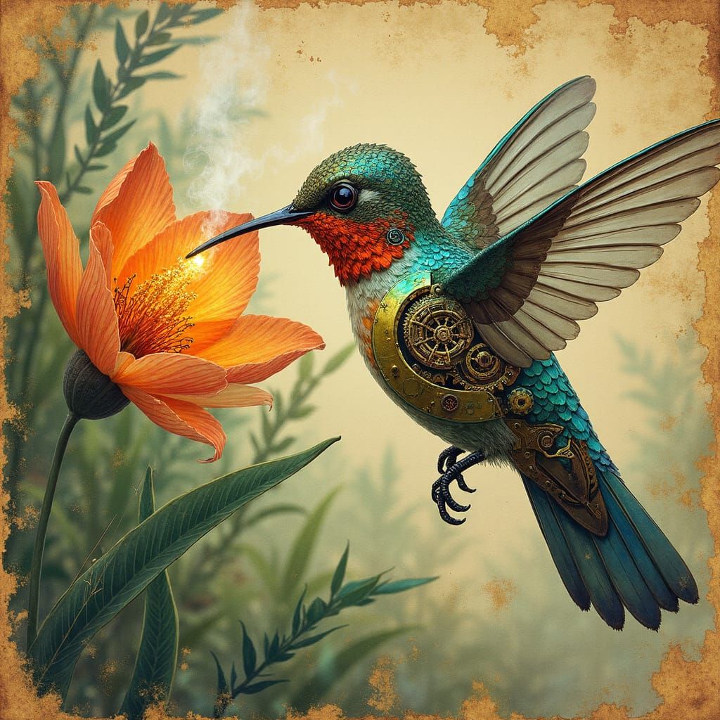 Steampunk Robot Hummingbird in Lush Jungle Illustration